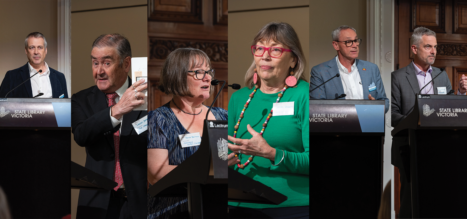 A composite image of five speakers at a formal event at the State Library Victoria. Each person stands at a lectern, delivering a speech. The speakers are dressed in a mix of professional and colourful attire, with some using hand gestures and visual aids. The background features ornate wood paneling and decorative architectural elements.